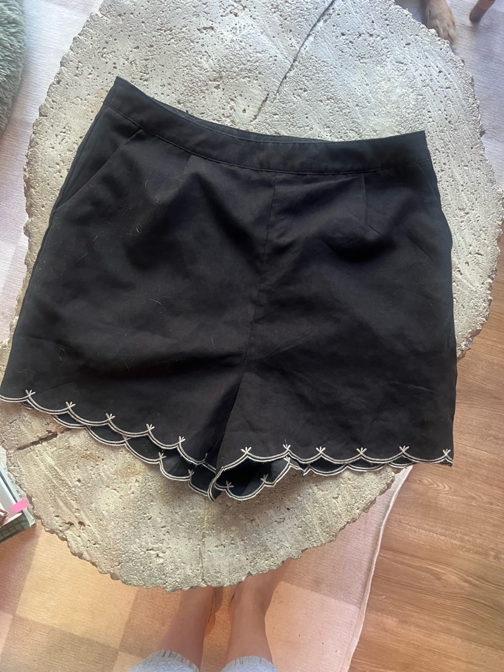 Double Zero Black Mini Shorts with Scalloped Hem